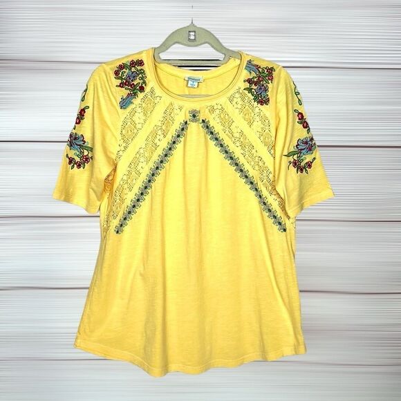 Sundance Yellow Floral Embroidered Lace Peasant Blouse Top T-Shirt Relaxed S - Picture 1 of 10